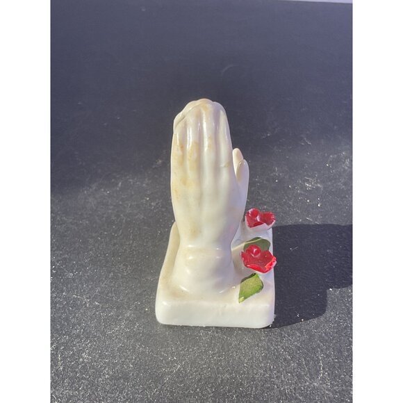 Vintage Ceramic Praying Hands Figurine With Red Flowers - Picture 3 of 7